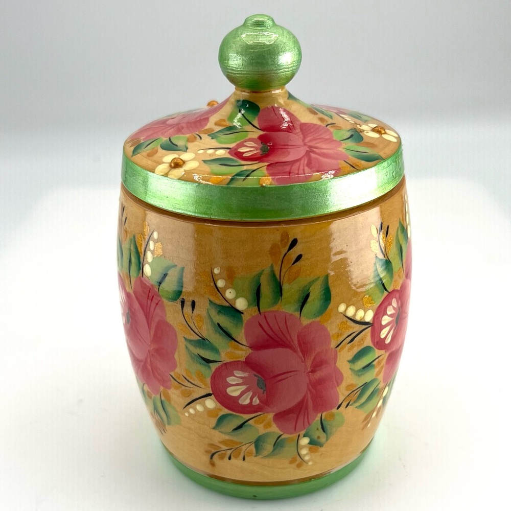 Vintage Wooden Jar Lid Hand Painted Flowers Lathe Turned Lacquered